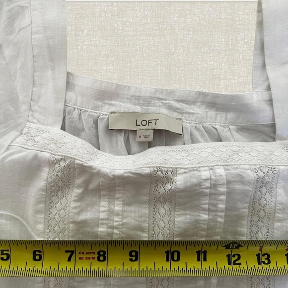LOFT White Lace Trim Pintuck Square Neck Puff Sleeve Tiered Peplum Blouse Medium - Picture 6 of 7